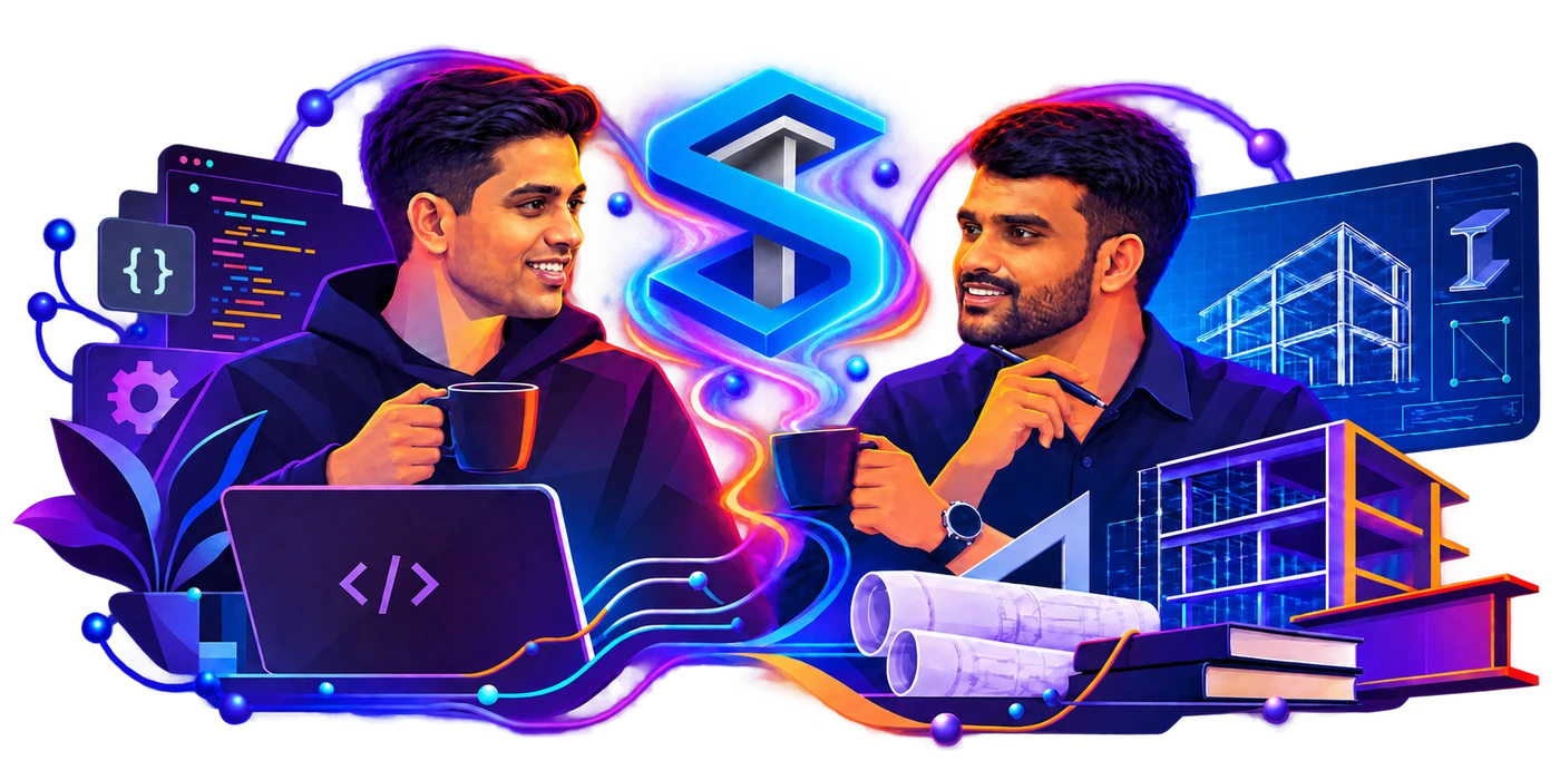 Illustration of Sudhakar and Kanagarasu sharing coffee, with coding and structural engineering imagery and the StruTools logo between them.